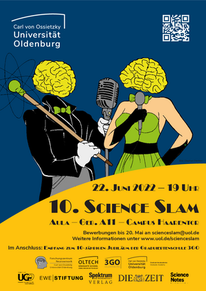 Das Poster zum Science Slam der Universität Oldenburg 2022. Es zeigt zwei stilisierte Personen in Abendgarderobe, deren Köpfe als übergroße Gehirne dargestellt sind.