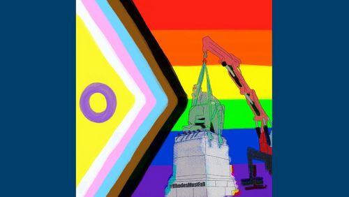 Grafische Darstellung der Pride-Flagge (Hintergrund) mit einer grafischen Darstellung der Demontage der Cecil Rhodes-Statue.