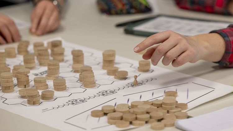 The picture shows a close-up of the playing field. Wooden chips lie on the field. They represent trees that have grown to different heights. A student points to one of the trees with her hand.