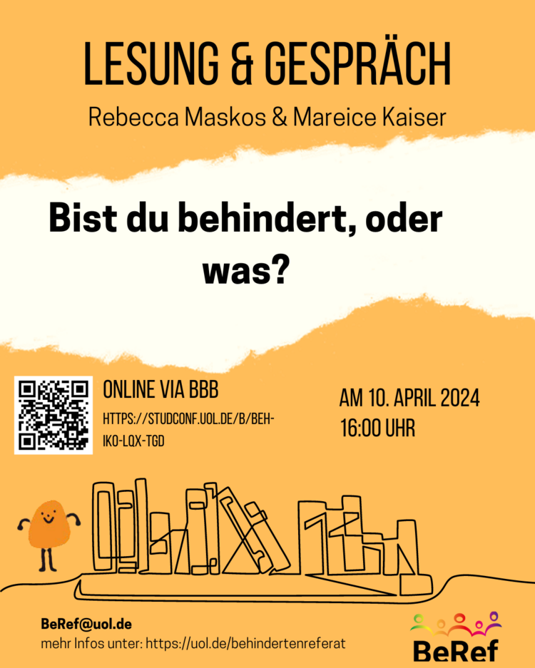 Flyer for the event in orange and yellow, with an illustration of a bookshelf and a blob-shaped stick figure